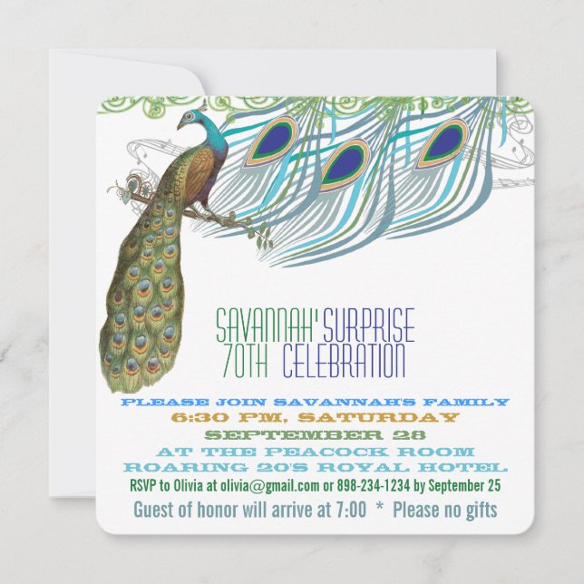Peacock  70th or Any Year Birthday Party Invitation (Front)