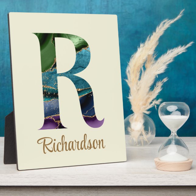 Peacock Agate Letter R Personalised Tabletop Plaque (Side)