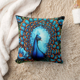 Peacock Among Blue Flowers Cushion