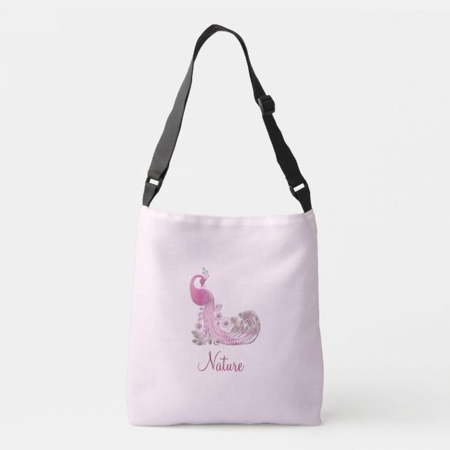 Peacock and Calligraphy on Light Rose Gold Crossbody Bag (Back)