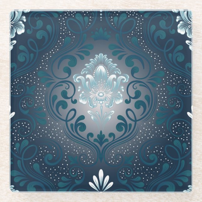 Peacock and Cyan Damask Glass Coaster (Front)