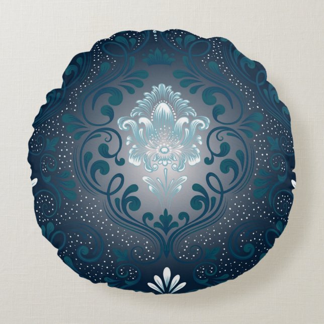 Peacock and Cyan Damask Round Pillow (Front)