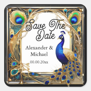 Peacock and feathers art nouveau save the date square sticker