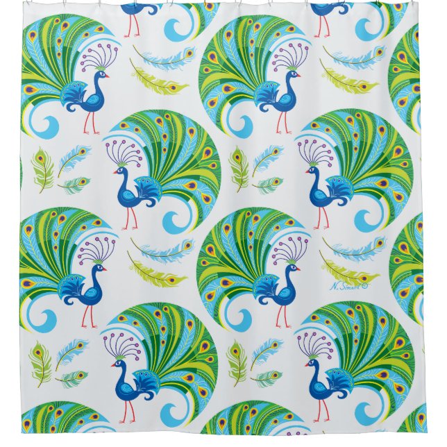 Peacock and Feathers Pattern Shower Curtain (Front)