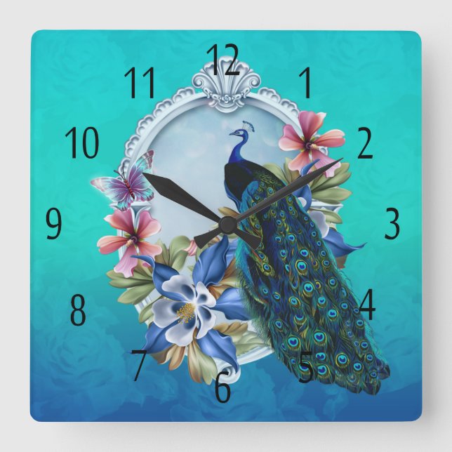 Peacock And Floral Square Wall Clock (Front)