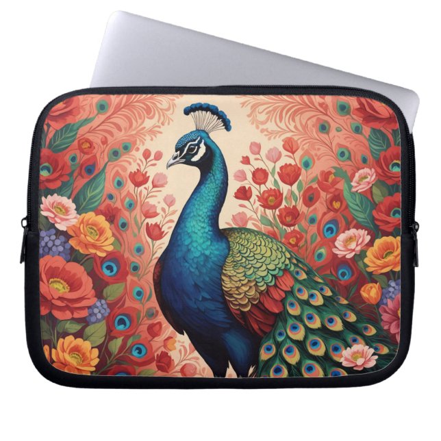 Peacock and flowers laptop sleeve (Front)
