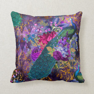 Peacock and Flowers on Purple Cushion