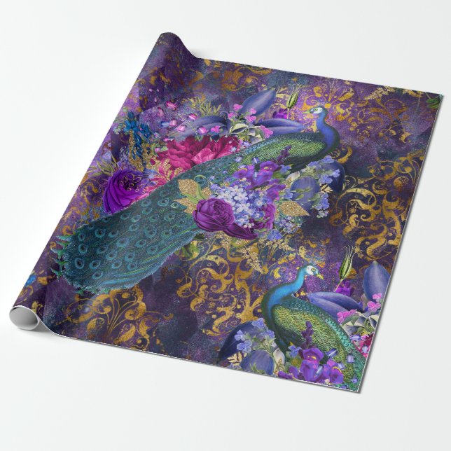 Peacock and Flowers on Purple Wrapping Paper (Unrolled)