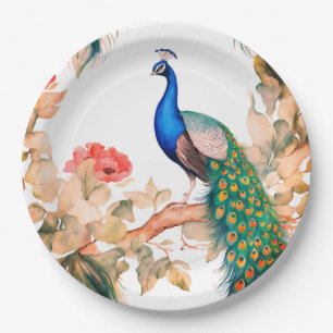 Peacock and Flowers Paper Party Plates