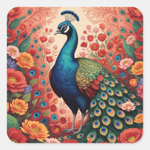 Peacock and flowers square sticker