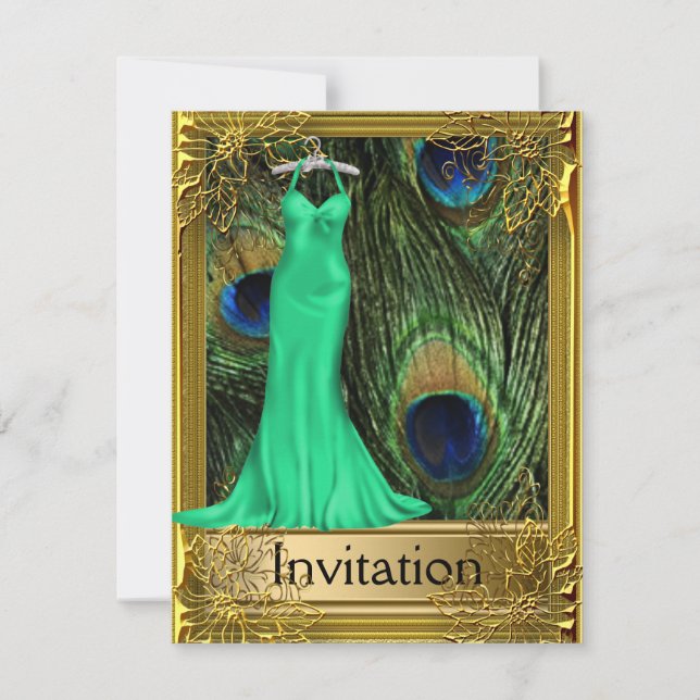 Peacock and Gold Green Any Party Invitation (Front)
