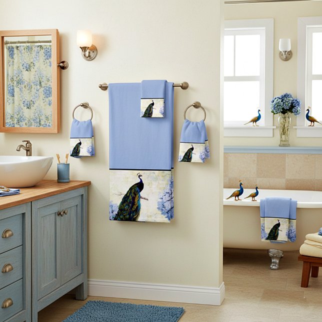 Peacock and hydrangea bath towel set (Creator Uploaded)