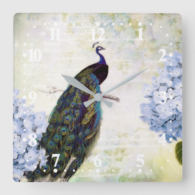 Peacock and hydrangea square wall clock (Front)