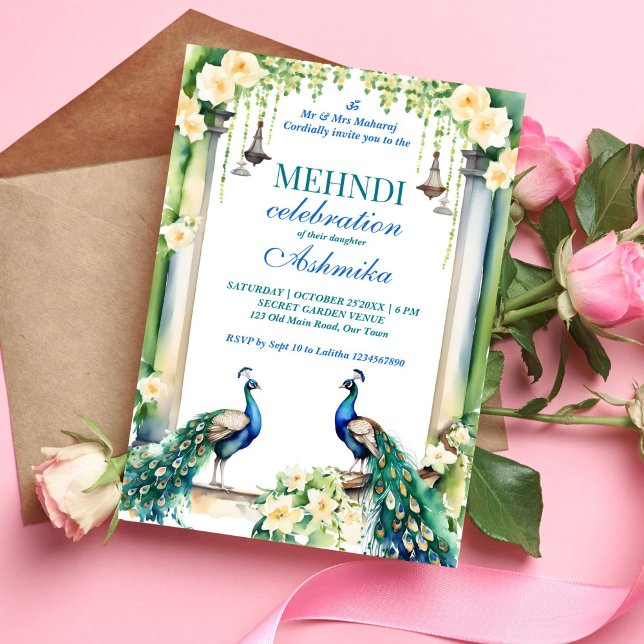 Peacock and jasmine Indian wedding mehndi template (Mehndi peacock jasmine Indian wedding template invitation instant digital download peacocks gajra)