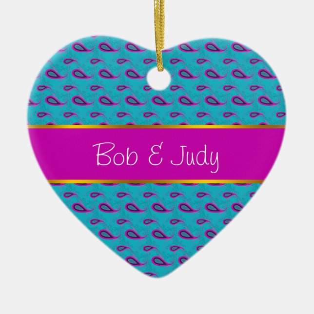 Peacock and Magenta Paisley Pattern Ceramic Tree Decoration (Front)