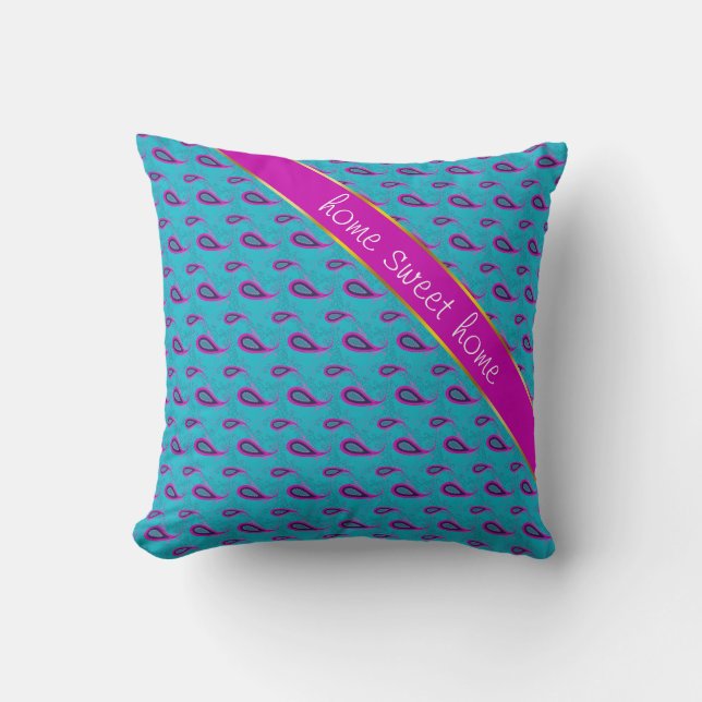 Peacock and Magenta Paisley Pattern Cushion (Front)
