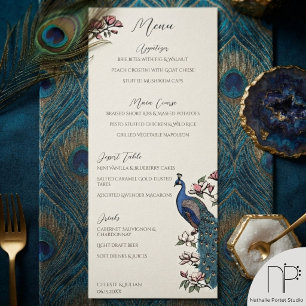 Peacock and Magnolia Hand-Drawn Wedding Menu