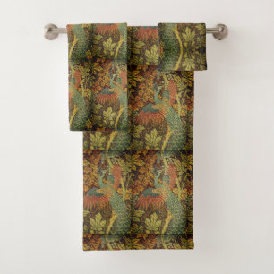 Peacock and oakleaf floral Victorian jacquard Bath Towel Set