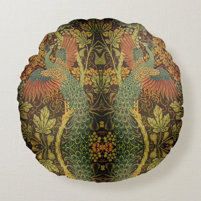 Peacock and oakleaf floral Victorian jacquard Round Cushion (Front)