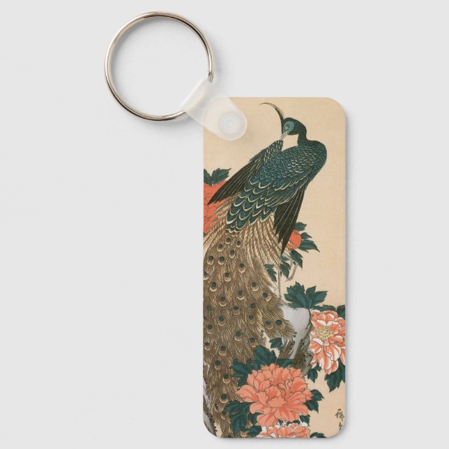 Peacock and Peonies by Hiroshige, Japanese Art Key Ring (Front)