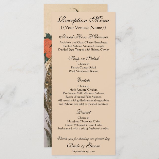 Peacock and Peonies by Hiroshige Wedding Menu (Front/Back)
