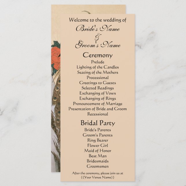 Peacock and Peonies by Hiroshige Wedding Program (Front/Back)