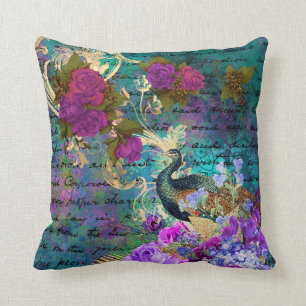 Peacock and Purple Flowers Cushion