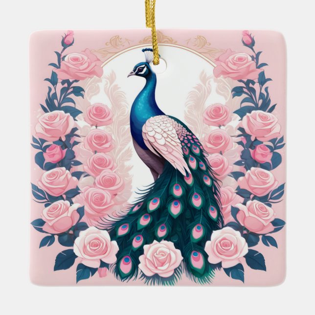 Peacock and Roses Ceramic Ornament (Front)