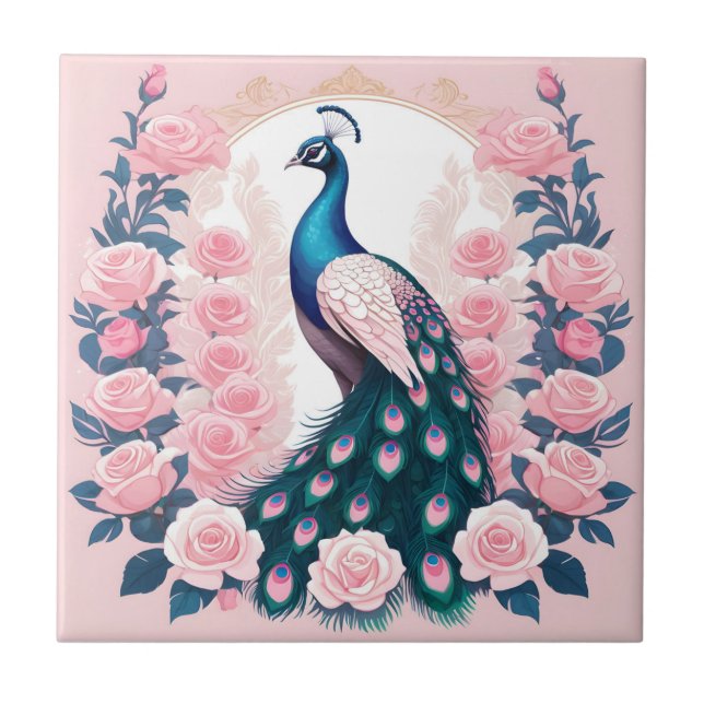 Peacock and Roses Ceramic Tile (Front)