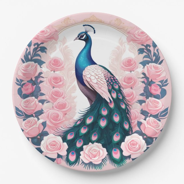 Peacock and Roses Paper Plate (Front)