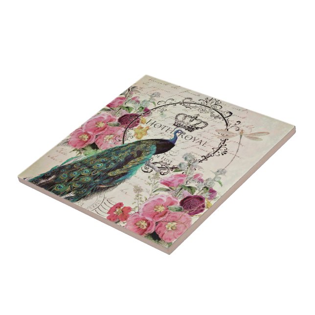 Peacock and spring flowers ceramic tile (Side)