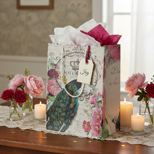 Peacock and spring flowers medium gift bag