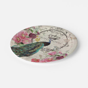 Peacock and spring flowers paper plate