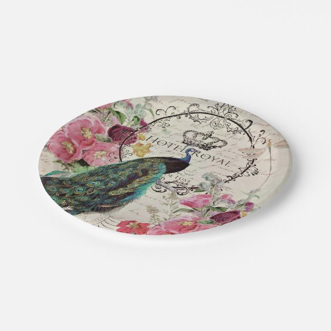 Peacock and spring flowers paper plate (Angled)
