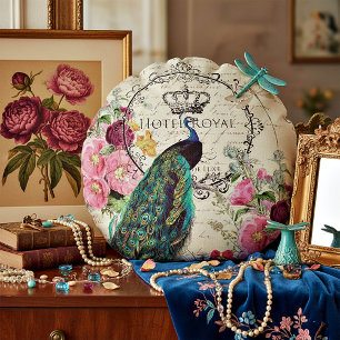 Peacock and spring flowers round cushion