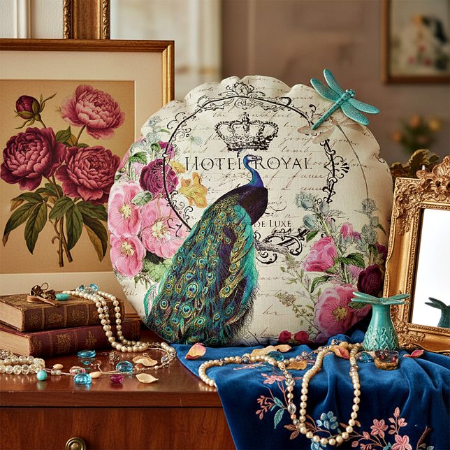 Peacock and spring flowers round cushion (Creator Uploaded)