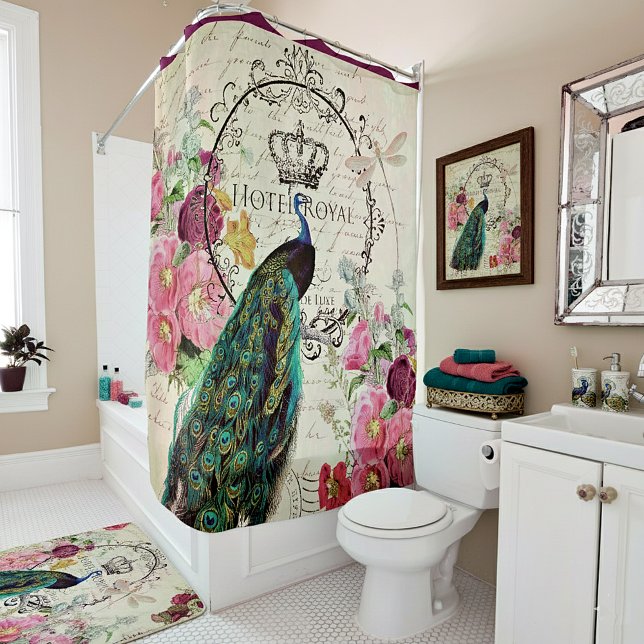 Peacock and spring flowers shower curtain (Creator Uploaded)