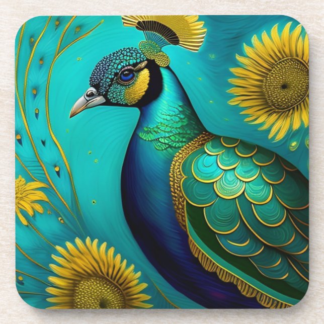 Peacock and Sunflower Hard Plastic Coaster (Front)