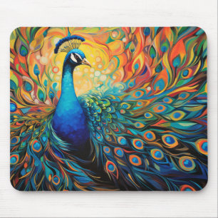 Peacock Animal Bird Portrait Colourful Painting Mouse Pad