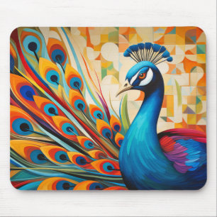 Peacock Animal Bird Portrait Colourful Painting Mouse Pad
