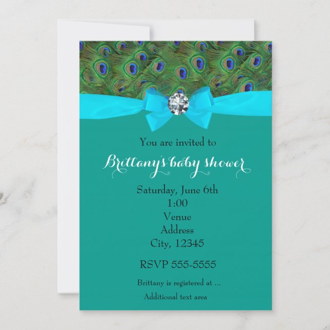 Peacock Animal Print Teal Turquoise Bow Invitation (Front)