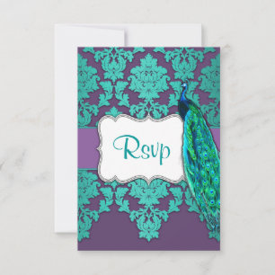 Peacock Aqua & Purple Damask Wedding RSVP Cards