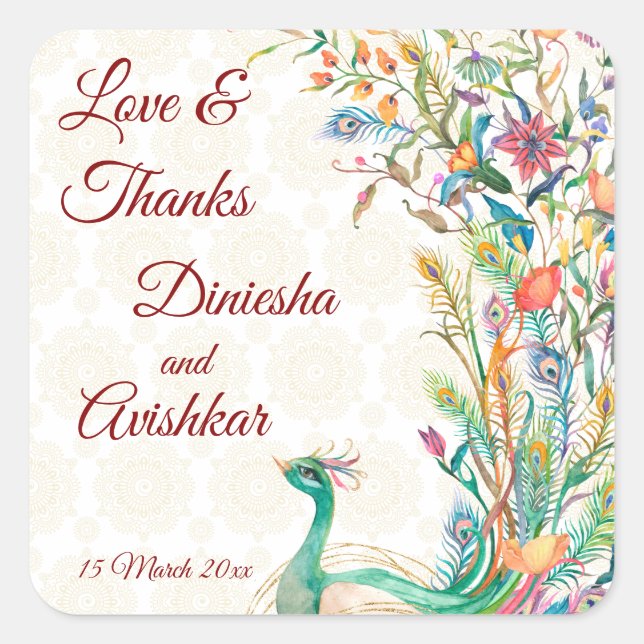 Peacock Arabian pattern Indian wedding favour gift Square Sticker (Front)