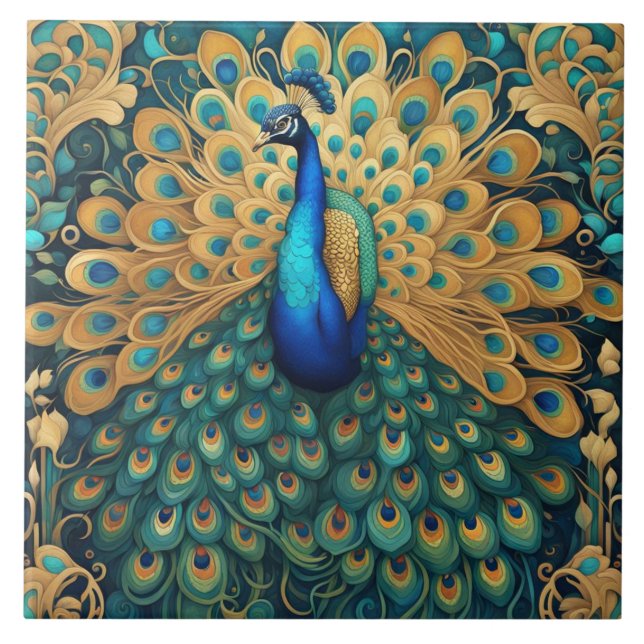 Peacock Art Nouveau Art Deco Turquoise & Gold Ceramic Tile (Front)