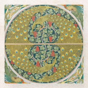 Peacock Art Nouveau Style round intricate design Glass Coaster