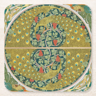 Peacock Art Nouveau Style round intricate design Square Paper Coaster