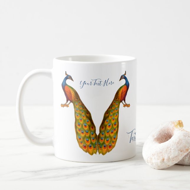 Peacock Art Personalised Coffee Mug (With Donut)