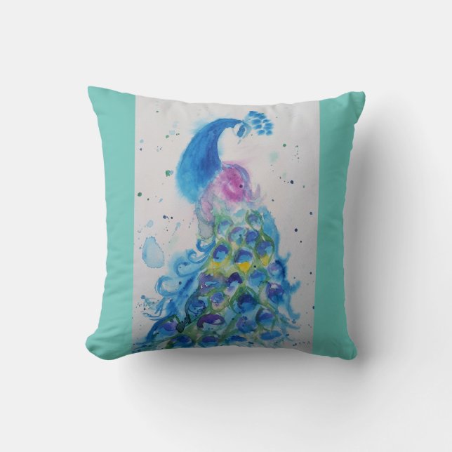 Peacock art Watercolour Painting Cushion Aqua mint (Front)