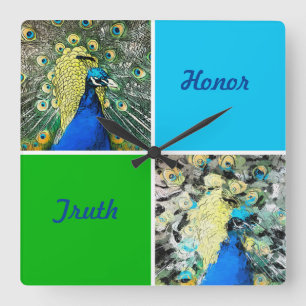Peacock Art with Aqua and, Green Squares Square Wall Clock