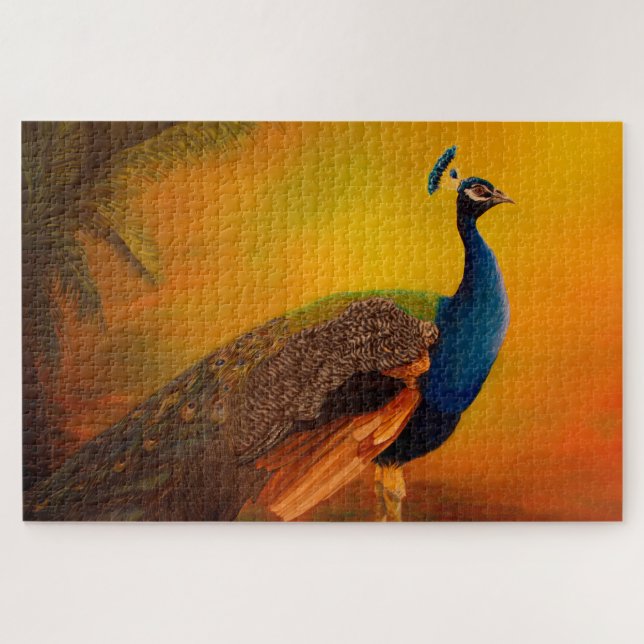Peacock at sunrise painting art jigsaw puzzle (Horizontal)